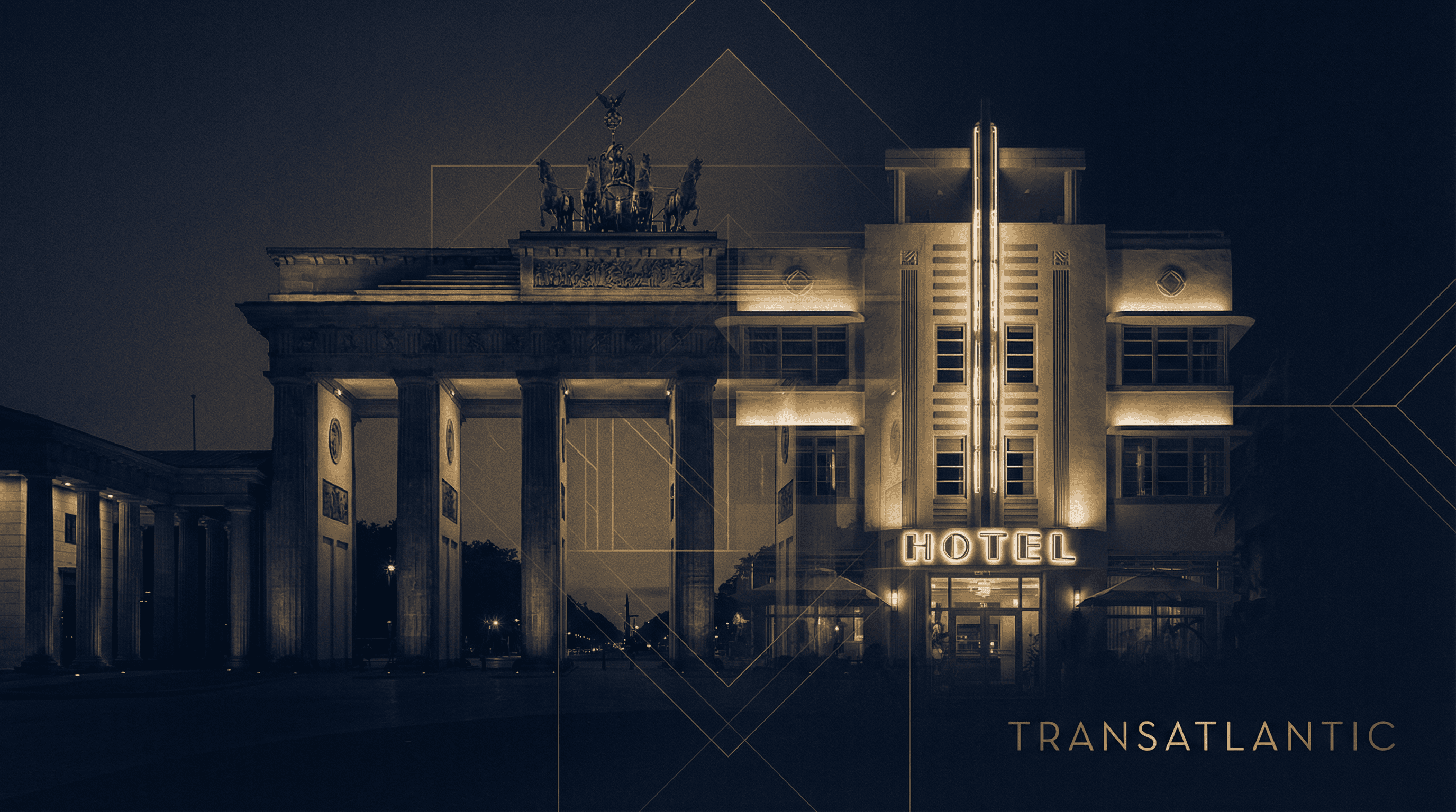 Artistic blend of Brandenburg Gate and Miami Art Deco architecture representing transatlantic business