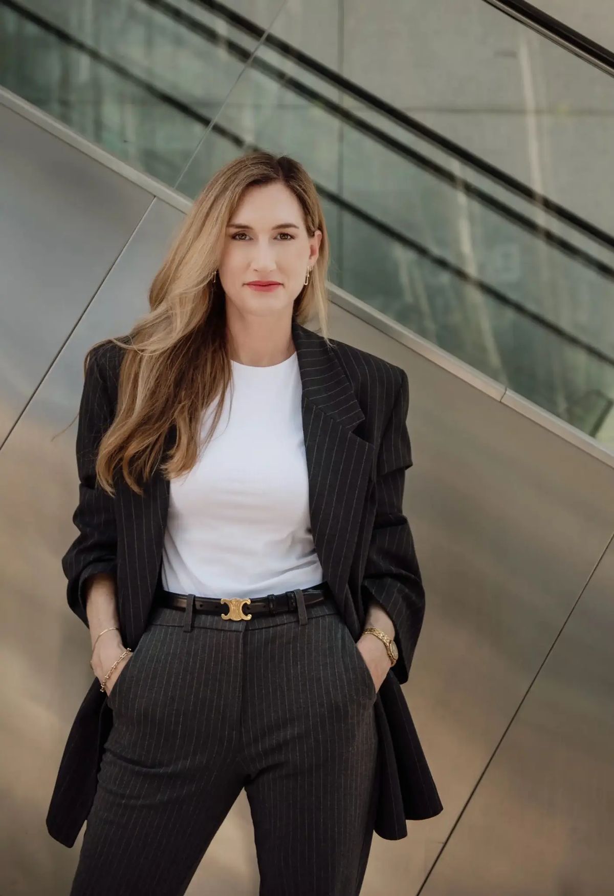 Susanne Leone, German US Attorney, professional portrait in pinstripe suit